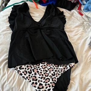 Beachsissi Black Ruffled Tankini Top with Tan& Black Leopard Bottom